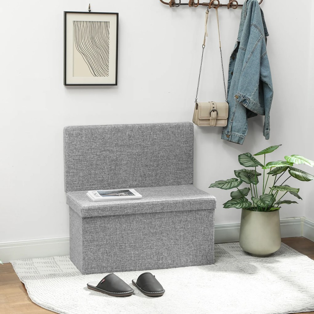 HOMCOM Bancă Pliabilă cu Spătar și Compartiment de 77L, Acoperire din Țesătură, 76x50x73 cm, Gri | Aosom Romania