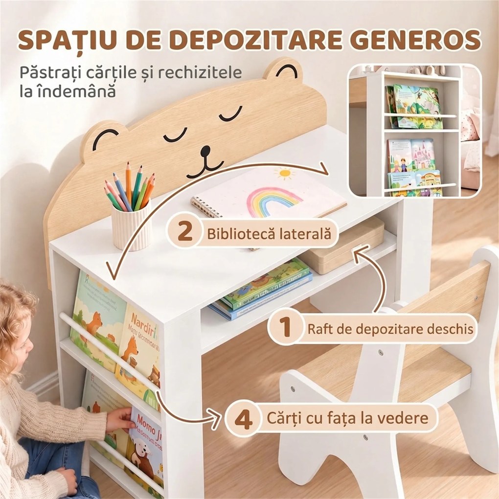 AIYAPLAY Set masă copii cu scaun, rafturi laterale, compartiment depozitare, 3-8 ani, model ursuleț, alb | Aosom Romania