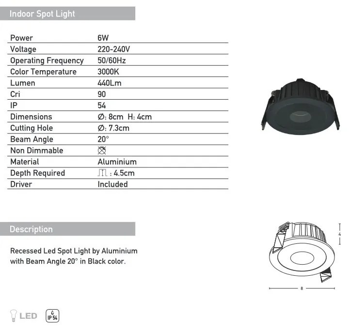 Spot LED incastrabil pentru baie IP54 Ozzy negru