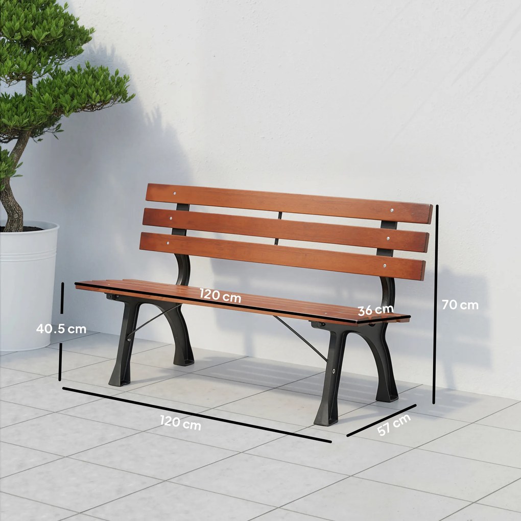 Outsunny Bancă cu 2 locuri, pentru grădină și terasă, fontă de aluminiu + lemn natural, 120 x 57 x 70 cm, Maro | Aosom Romania