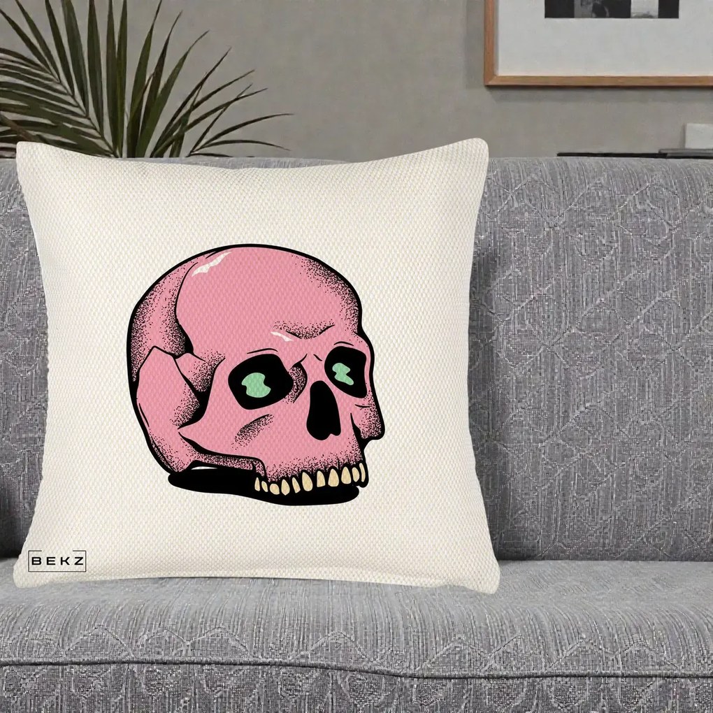 Perna Decorativa Craniu Roz Tatoo Art Halloween, 40x40 cm, Crem Reliefat, Husa Detasabila, Perna Inclusa, BEKZ®