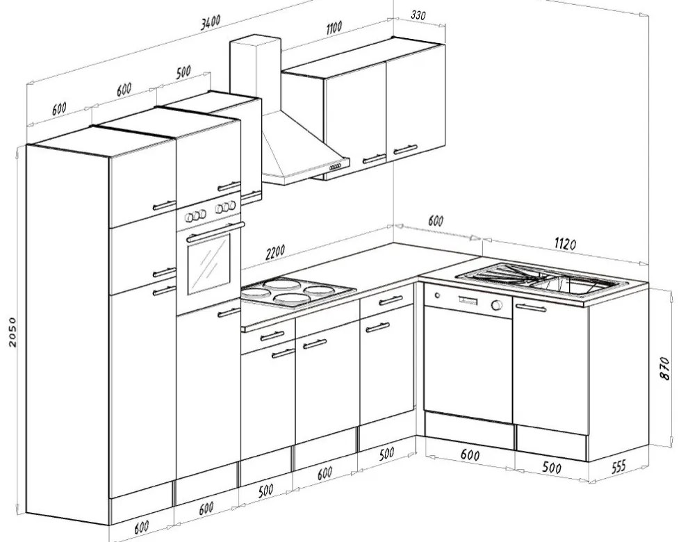 Mobilă de bucătărie de colț Yorki 340, corp din stejar sonoma, cu față antracit satinat