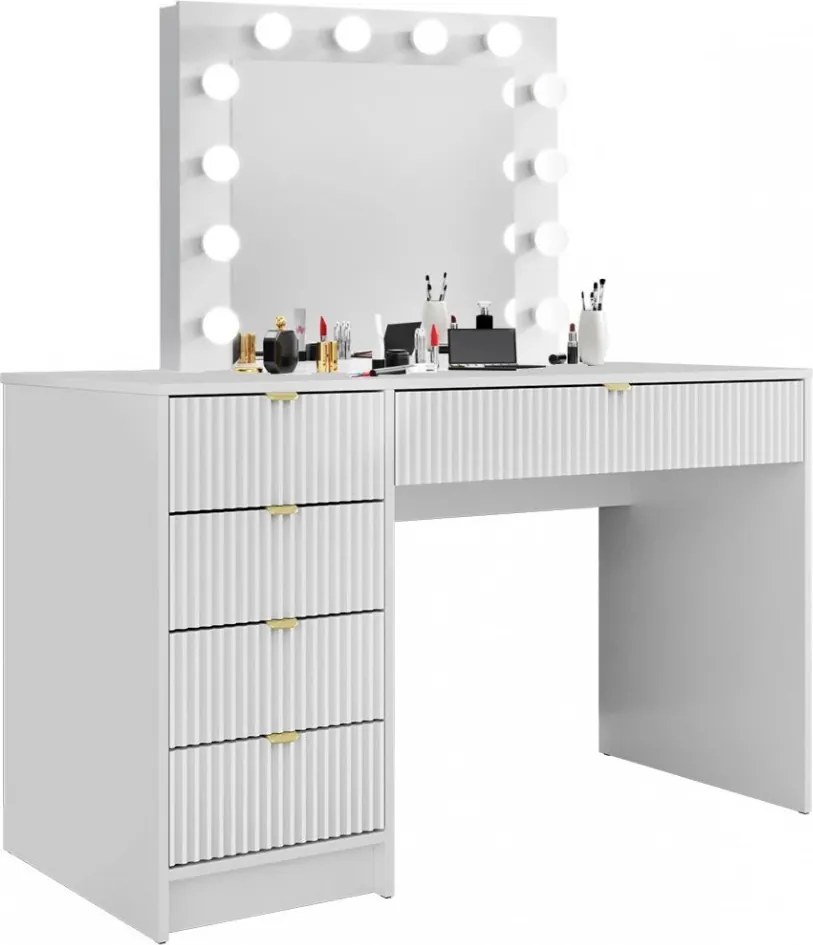 SEA93 - Set Masa Alba toaleta cu riflaj, 120 cm, cosmetica, masuta machiaj, oglinda cu LED cu sau fara Priza, cu sau fara scaun