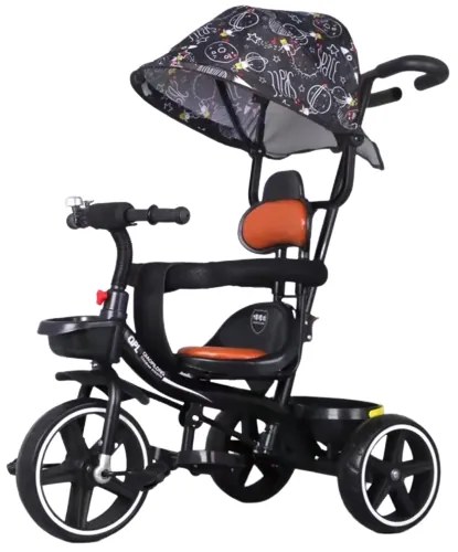 Tricicleta cu pedale, Copertina retractabila, 2 - 6 ani, Negru, Maner parental