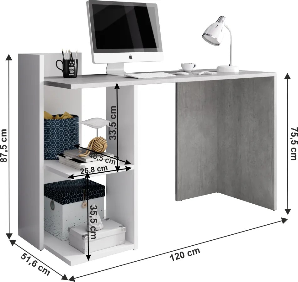 Masă PC, beton/alb mat, ANDREO