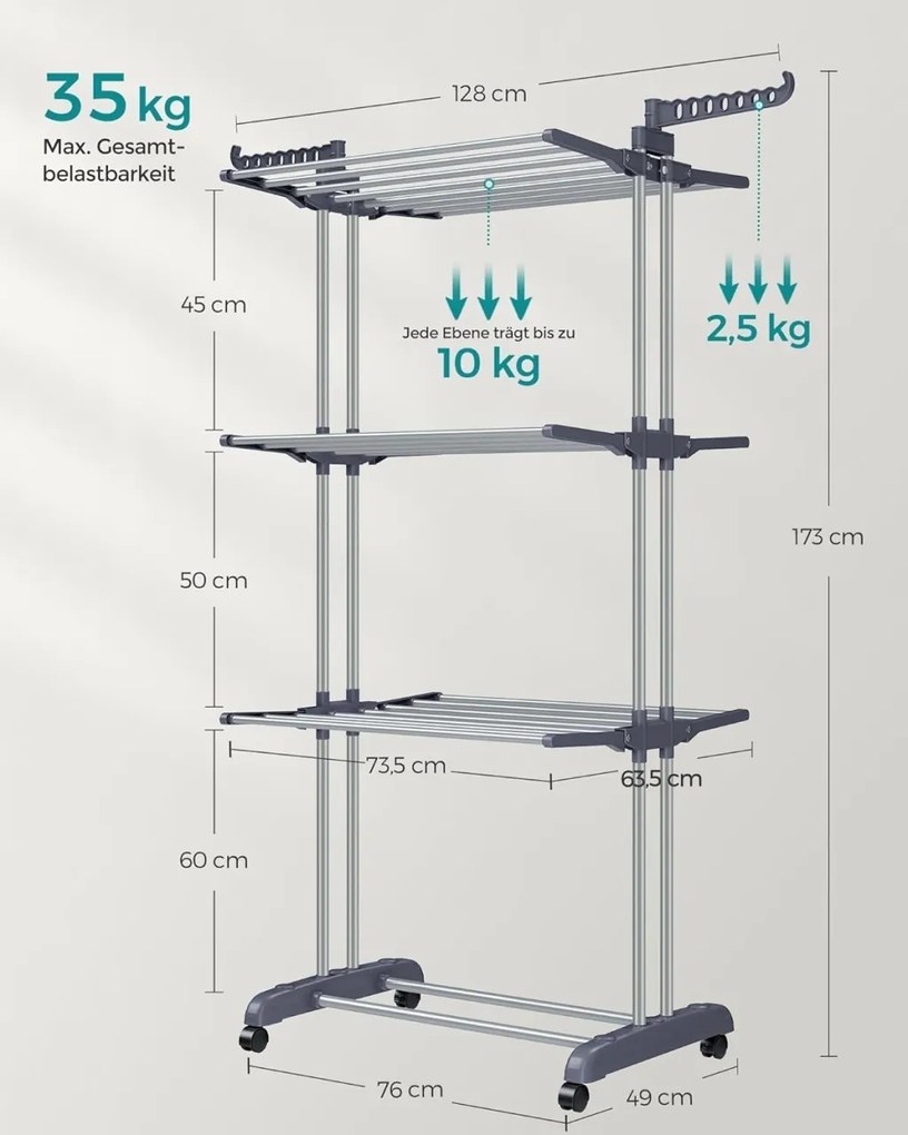 Suport uscat rufe Songmics Gri 126.6x64.2x169.2 cm