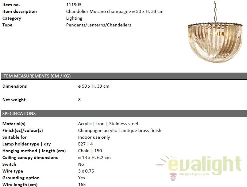Candelabru design LUX Murano 50cm, champagne 111903 HZ
