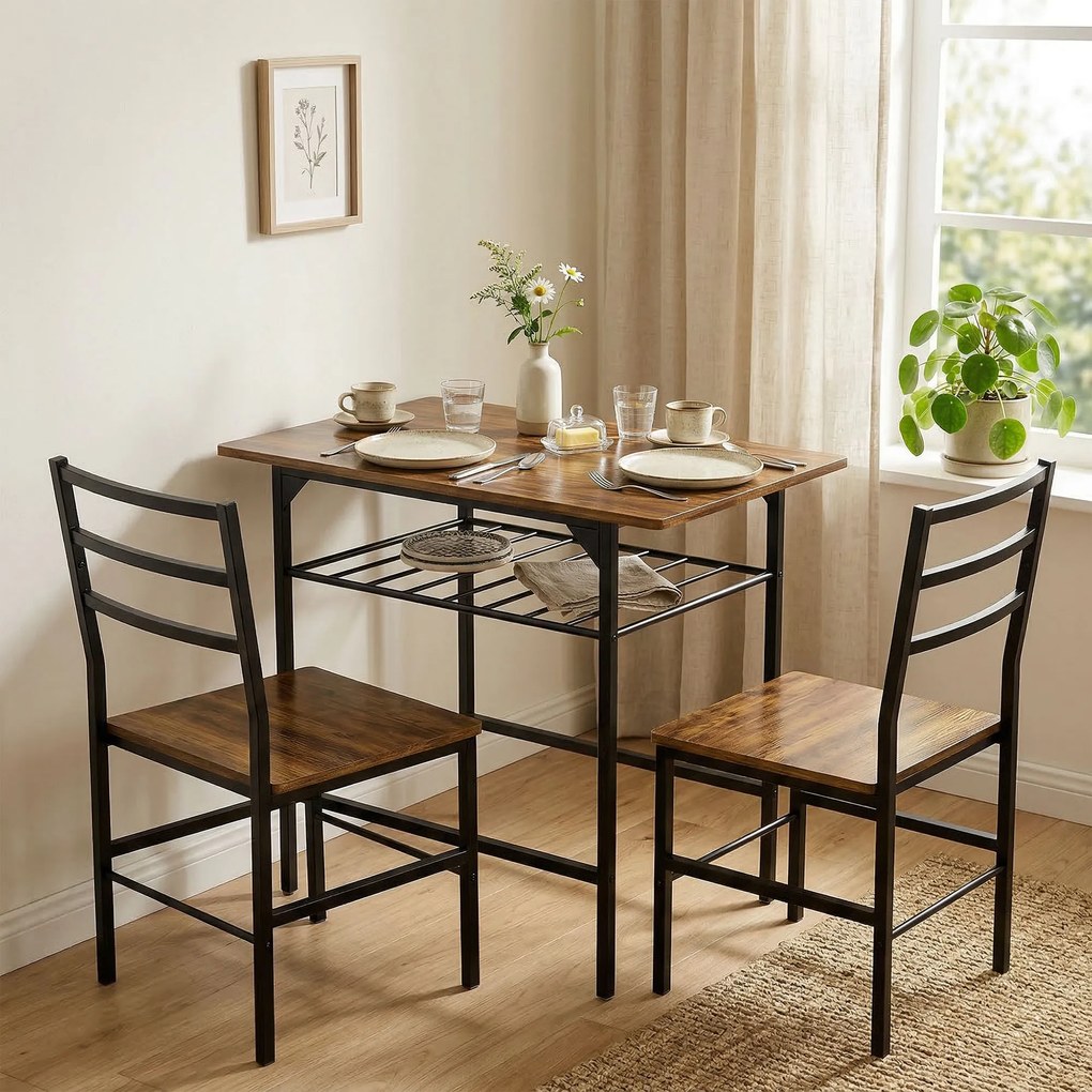 HOMCOM Set masă dining cu 2 scaune, masă pentru bucătărie cu scaune pentru 2 persoane, cadru din metal, maro | Aosom Romania