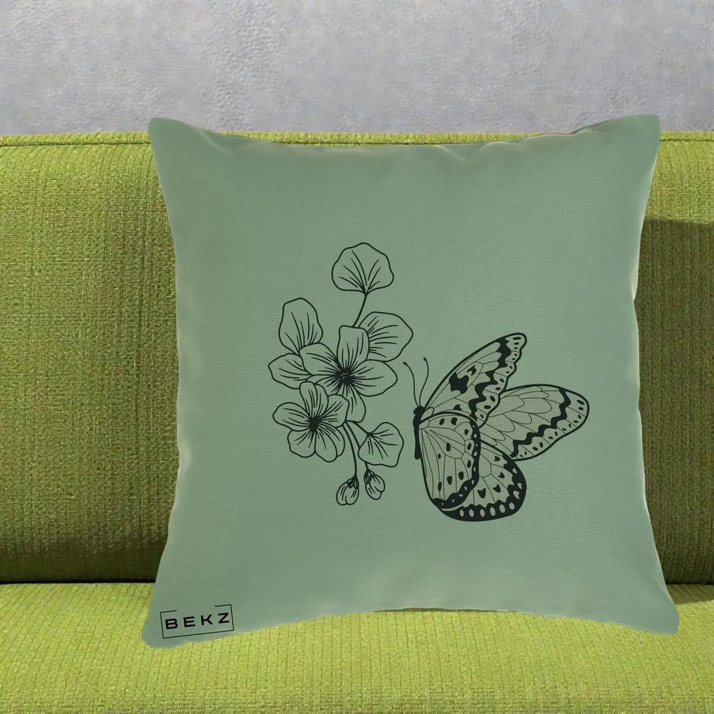 Perna Decorativa Fluture si Flori Linie Monocroma, 40x40 cm, Verde, Husa Detasabila, Perna Inclusa, BEKZ®
