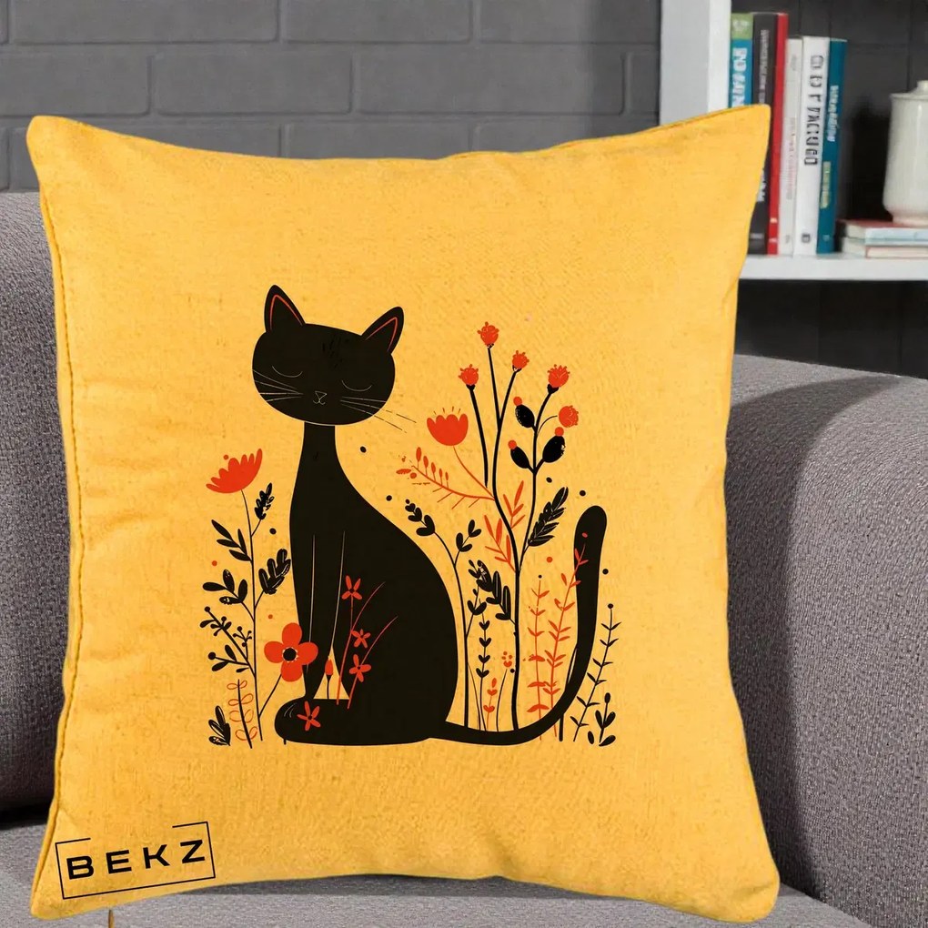Perna Decorativa Pisica Neagra Flori Rosii Folk Minimal, 40x40 cm, Galben, Husa Detasabila, Perna Inclusa, BEKZ®