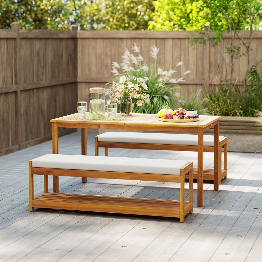 Outsunny Set de mobilier de grădină 3 buc., Set de scaune cu 1 masă cu orificiu pentru umbrelă, 2 bănci 150 x 85 x 75 cm Teak | Aosom Romania