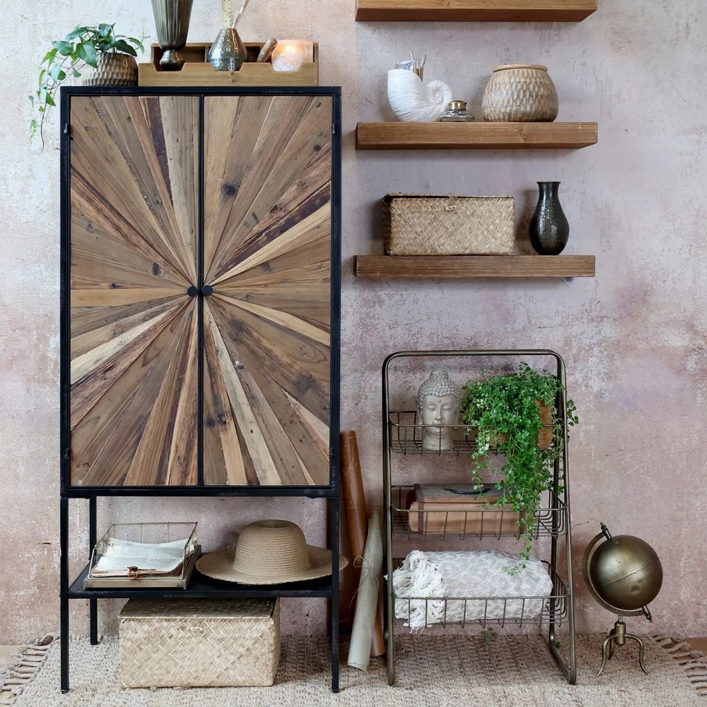 Dulap cu 2 uși și raft deschis, din lemn reciclat și metal, aspect rustic