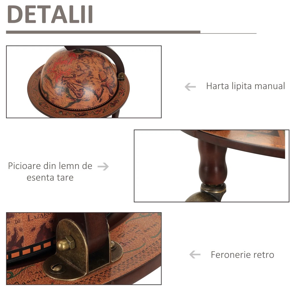 Bar in forma de Glob HOMCOM, Suport Sticle, din lemn cu 3 roți, Ф47x90cm | AOSOM RO