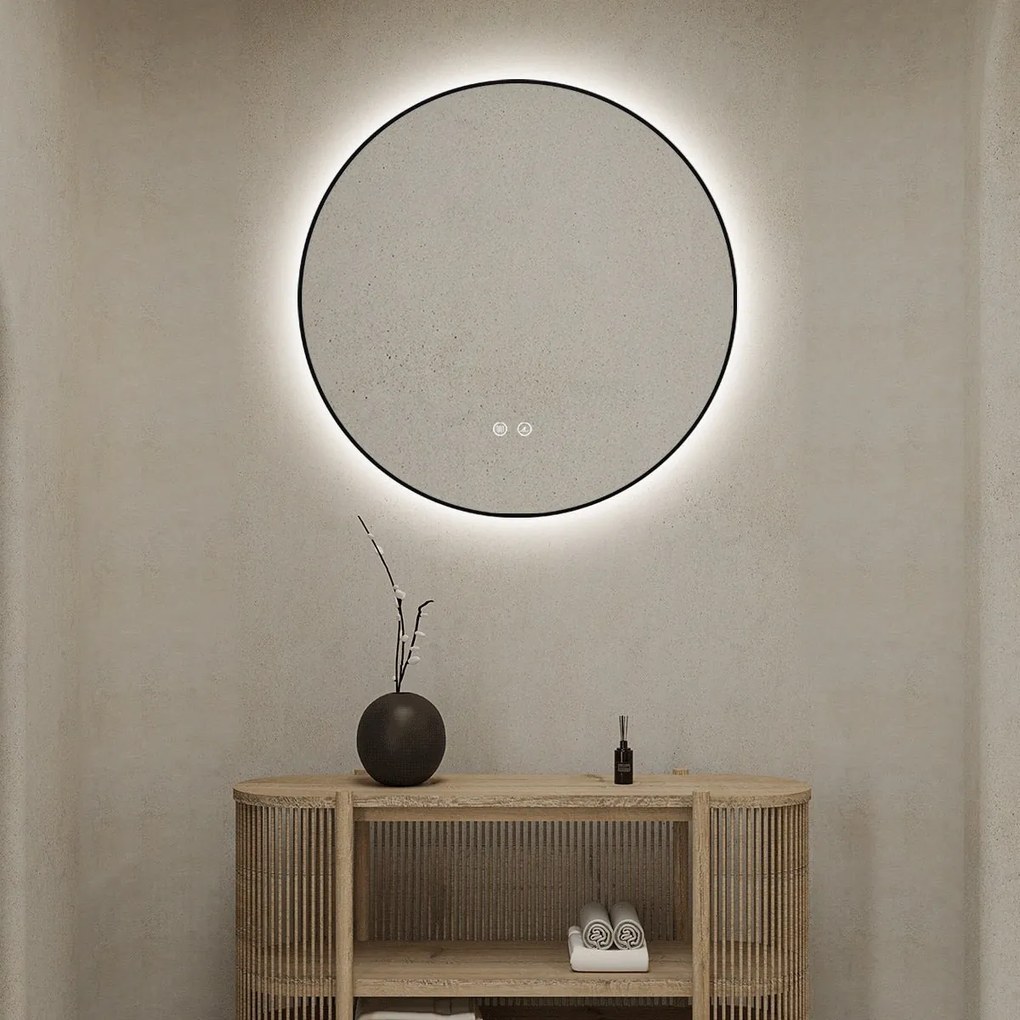 🪞 Oglindă LED cu Touch, Funcție Dezaburire și 3 Tipuri de Lumină – Model J188-60 Smack, Ø60 cm, Ramă Negru Mat
