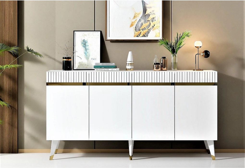 Comoda Defne, alb/auriu, PAL melaminat, 150x40x80 cm