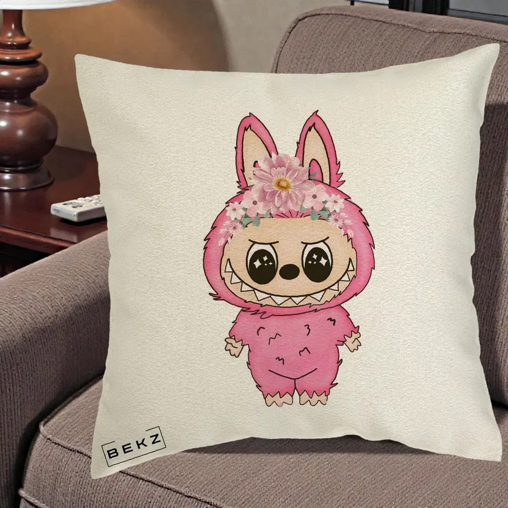 Perna Personalizata Labubu Roz cu Coroana Florala, 40x40 cm, Ecru, Husa Detasabila, Perna Inclusa, BEKZ®