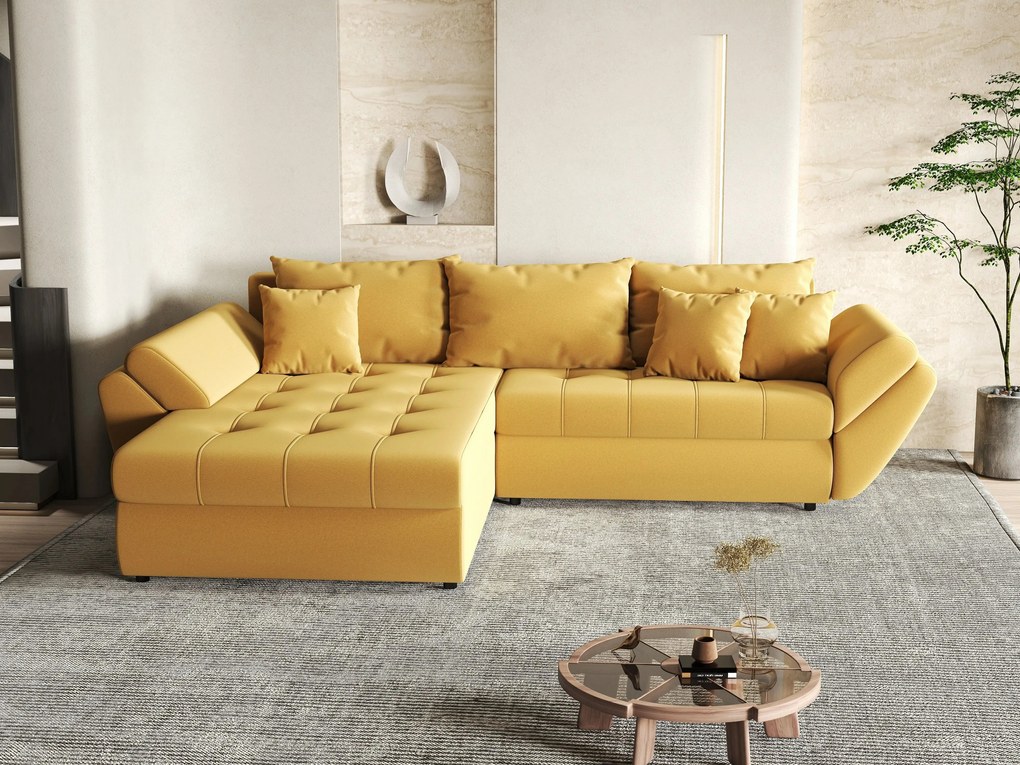 Colțar extensibil dumonde cu ladă de depozitare si sezut confortabil din spuma high-density, Loana Royal Muștar 270x185 cm