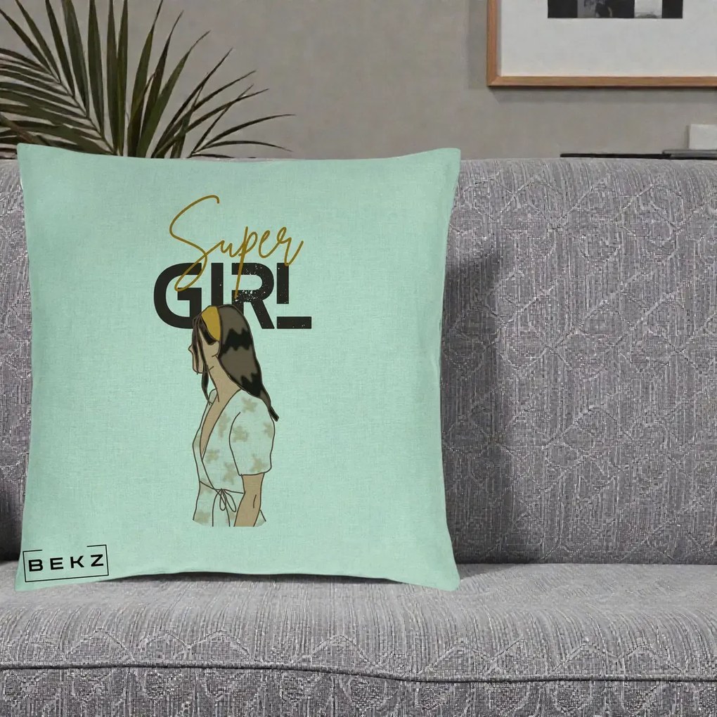 Perna Decorativa Super Girl Aesthetic, 40x40 cm, Verde Menta, Husa Detasabila, Perna Inclusa, BEKZ®