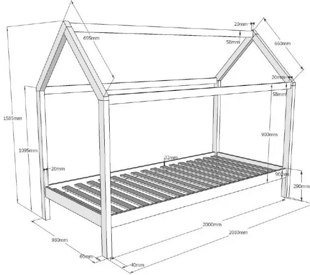 Pat în formă de Căsuță, Alb, 90 x 200 cm, Pin Masiv – Dallas – Vipack