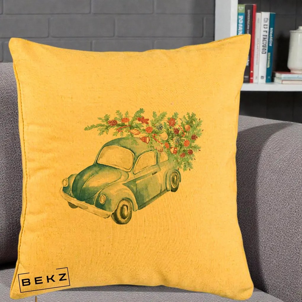 Perna Decorativa Masinuta Albastra cu Brad de Craciun, 40x40 cm, Galben, Husa Detasabila, Perna Inclusa, BEKZ®