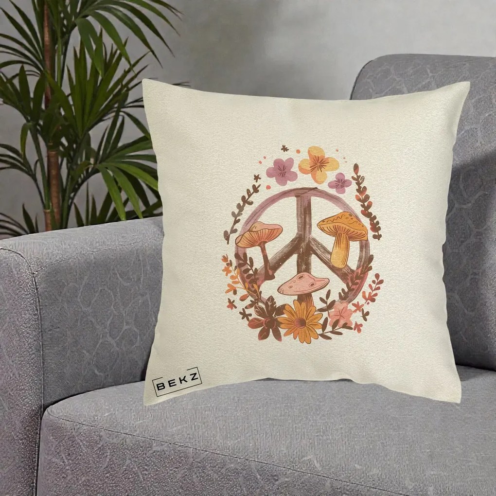 Perna Decorativa Peace Sign Ciuperci Floral, 40x40 cm, Ecru, Husa Detasabila, Perna Inclusa, BEKZ®