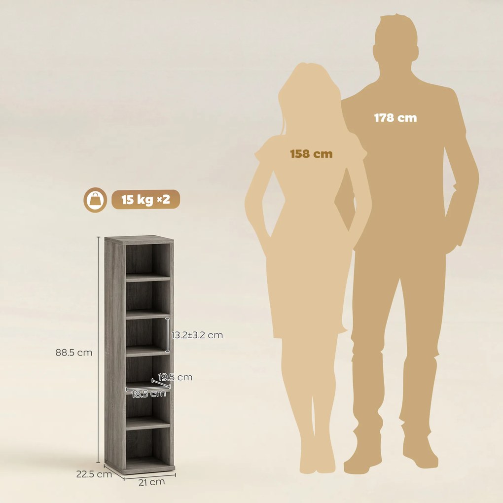 HOMCOM Set de 2 Dulapuri pentru CD-uri cu Polițe Reglabile, Raft pentru 204 CD-uri Economisitor de Spațiu, Dulap Media cu 12 Compartimente, pentru Living, Dormitor, Birou, 21x22,5x88,5cm, Gri Antichizat | Aosom Romania