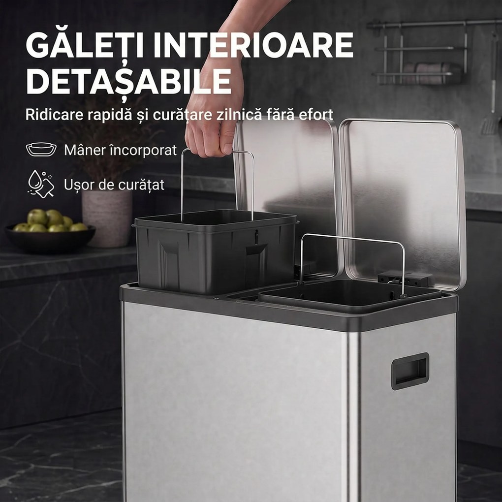 HOMCOM Coș de gunoi pentru bucătărie 2 x 30 L, cu pedală, din oțel inoxidabil, cu recipiente detașabile și închidere lentă, argintiu | Aosom Romania