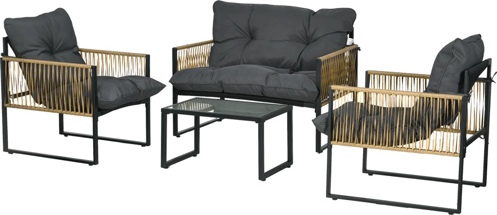 Outsunny Set mobilier grădină 4 piese canapea 2 locuri 2 fotolii și 1 măsuță blat din sticlă securizată 3 perne - gri | Aosom Romania