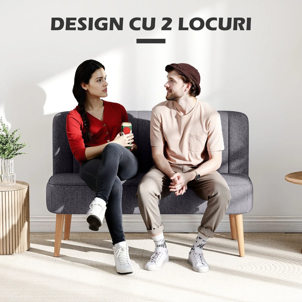 HOMCOM Canapea 2 Locuri din Material Textil fără Brațe cu Cusături, Canapea Compactă Modernă cu Picioare din Lemn de Cauciuc pentru Living, 117x56.5x77 cm, Gri Închis | Aosom Romania