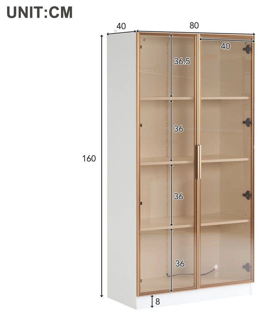 Set de 2 Vitrine cu Iluminare LED în 16 Culori, Uși Batante și Rafturi Reglabile, 80x40x160 cm (fiecare), Dulap Înalt pentru Living, Alb