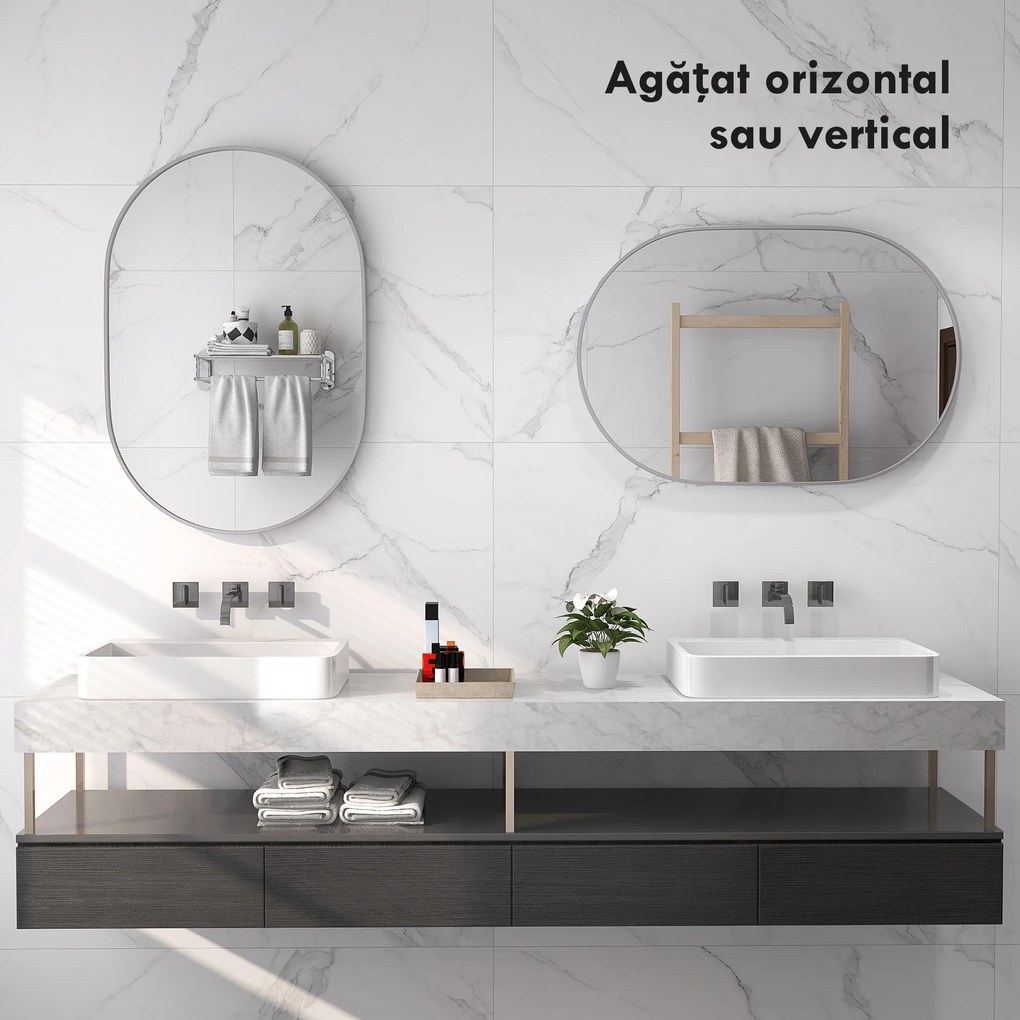 HOMCOM Oglindă Ovală pentru Baie, Oglindă Modernă de Perete cu Rama din Aluminiu și Montaj Vertical sau Orizontal, 60x90 cm, Argintiu | Aosom Romania