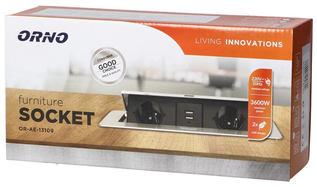 Priza incastrabila dreptunghiulara, 2 prize scuko + 2 USB 5V 2.1A, fara cablu, auriu, Orno
