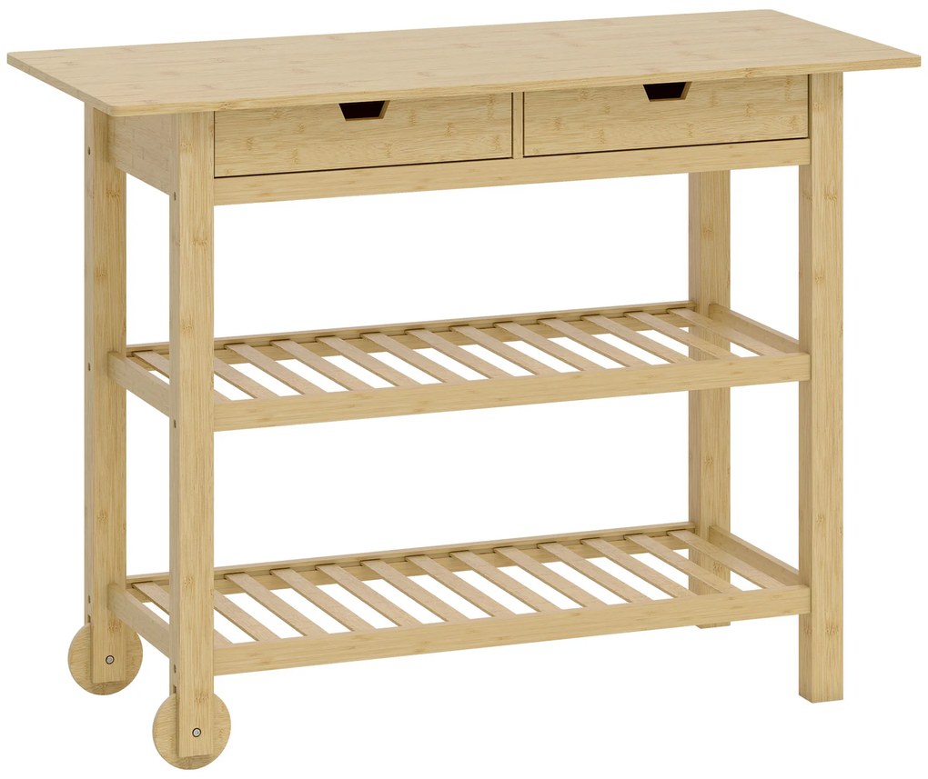 HOMCOM Cărucior de Bucătărie din Lemn de Bambus cu 2 Sertare, 2 Rafturi și 2 Roți, 100x43x75 cm, Lemn | Aosom Romania