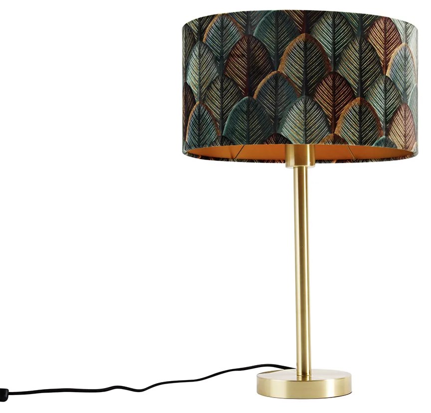 Lampă de masă alamă cu abajur oval din catifea cu design de frunze 35cm - Simplo