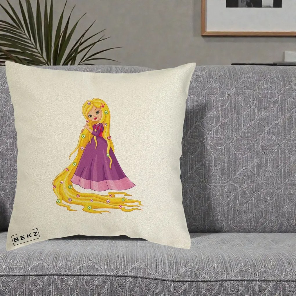 Perna Personalizata Rapunzel Par Lung Floral, 40x40 cm, Ecru, Husa Detasabila, Perna Inclusa, BEKZ®