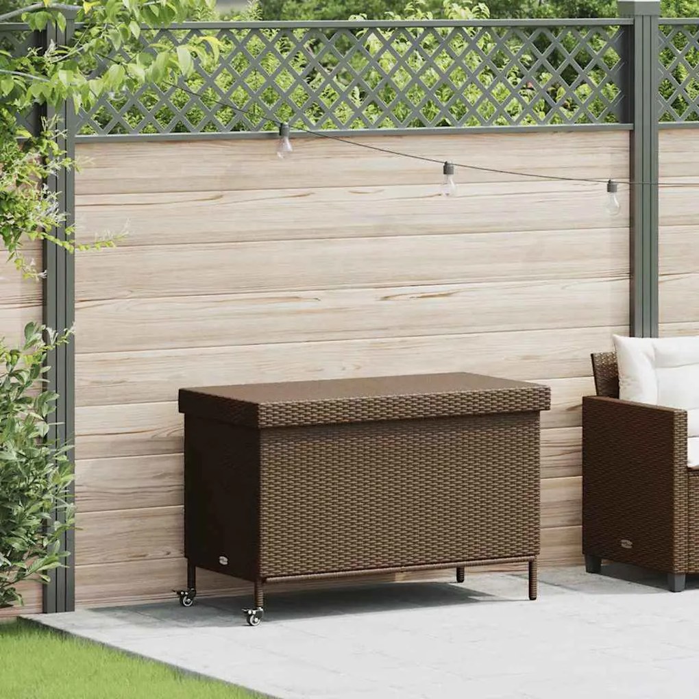 vidaXL Ladă depozitare de grădină cu roți, maro 110x55x73 cm poliratan