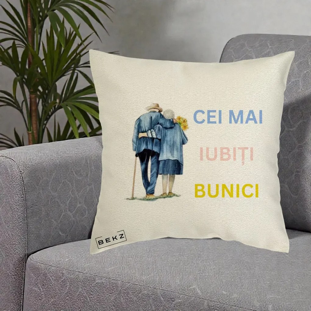Cadou pentru Bunici - Perna Personalizata Cei Mai Iubiti Bunici Acuarela Spate, 40x40 cm, Ecru, Husa Detasabila, Perna Inclusa, BEKZ®