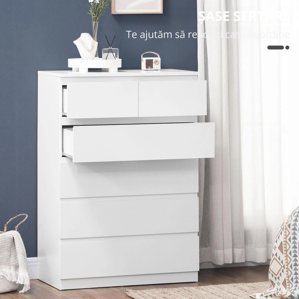 HOMCOM Comodă, Dulap de Depozitare cu 6 Sertare pentru Dormitor, Living, 80x39x115 cm, Alb | Aosom Romania