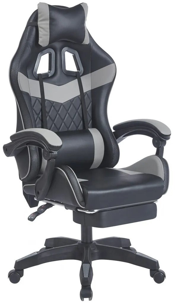 Scaun gaming, sistem iluminare bandă LED RGB, masaj în perna lombară, suport picioare, Negru/Gri