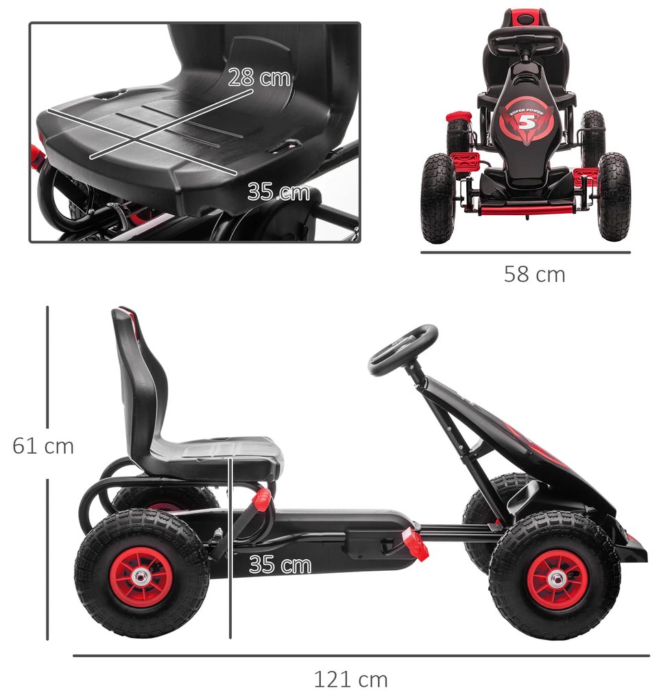 HOMCOM Go Kart pentru Copii 5-12 Ani, cu Pedale, Scaun Ajustabil și Cauciucuri Gonflabile, Frână de Mână și Amortizare Socuri Roșu | Aosom România