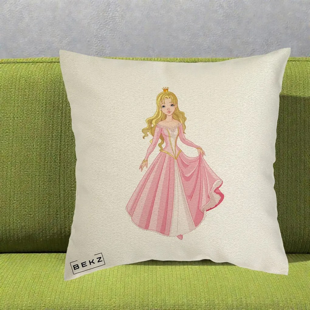 Perna Decorativa Printesa Aurora Rochie Roz, 40x40 cm, Ecru, Husa Detasabila, Perna Inclusa, BEKZ®