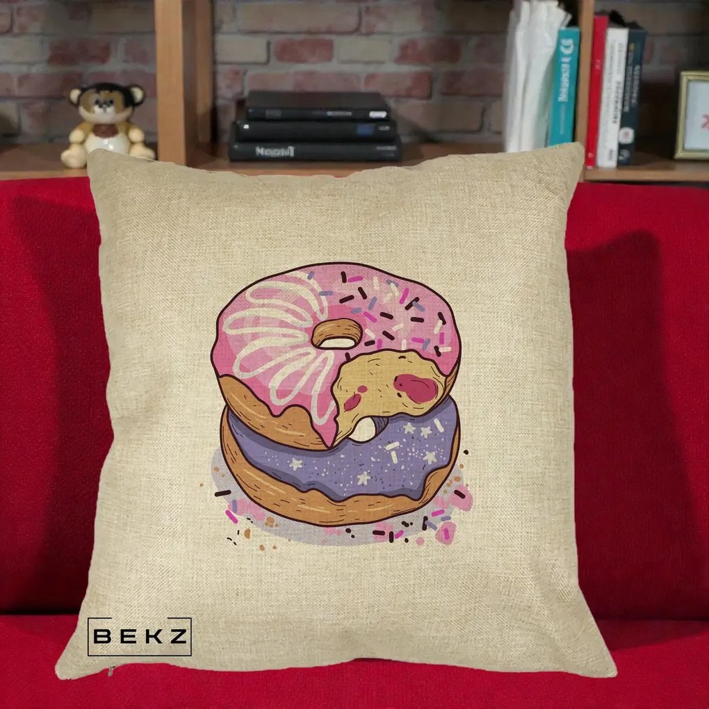 Perna Decorativa Donuts Roz si Mov, 40x40 cm, Crem, Husa Detasabila, Perna Inclusa, BEKZ®