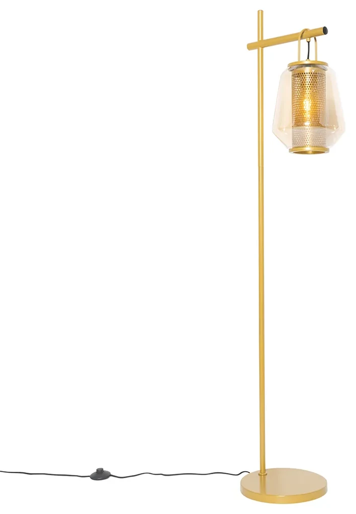 Lampa de podea Art Deco aurie cu sticlă chihlimbar - Kevin