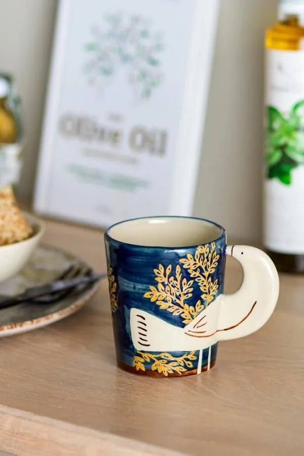 Cană din ceramică cu decor floral și pasăre pictată manual, mâner în formă de aripă, 8x9 cm, "Hezha"