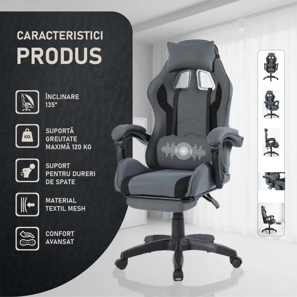 Scaun gaming, masaj în perna lombară, suport picioare, textil, Gri