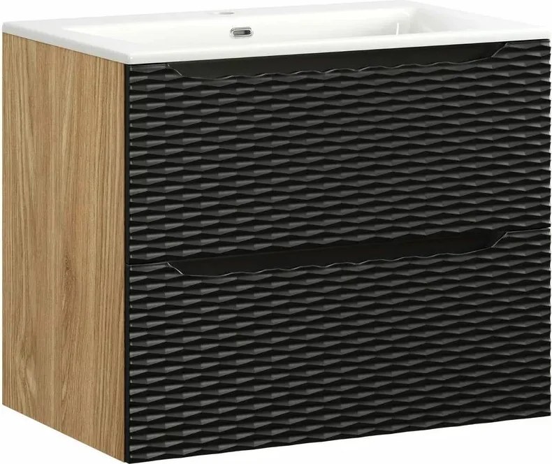 Set dulap baza suspendat 70 cm cu lavoar Comad Ocean stejar uleiat si negru mat