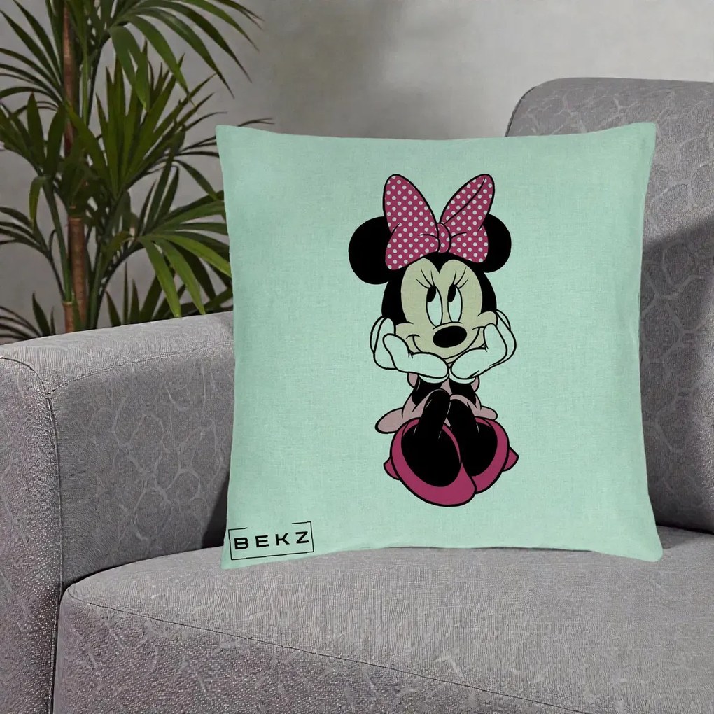 Perna Personalizata Minnie Mouse cu Fundita, 40x40 cm, Verde Menta, Husa Detasabila, Perna Inclusa, BEKZ®