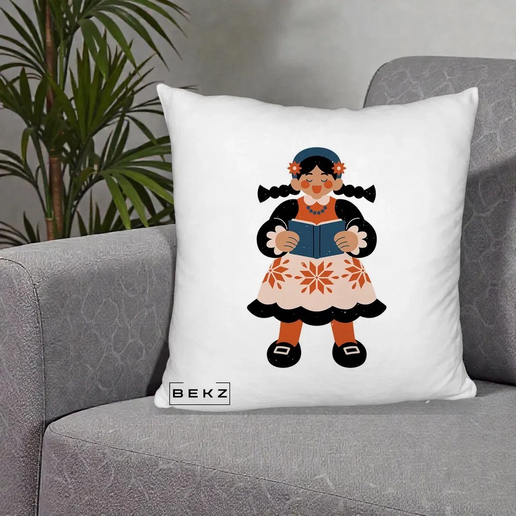 Perna Personalizata Fetita cu Carte Ilustratie Folk, 40x40 cm, Alb Pufos, Husa Detasabila, Perna Inclusa, BEKZ®
