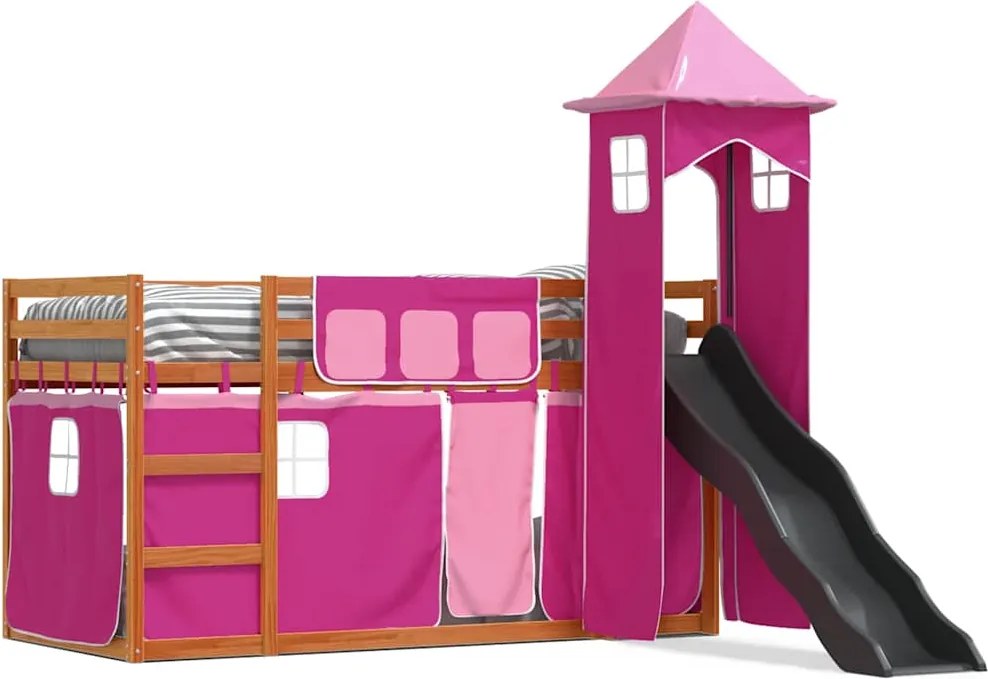 vidaXL Pat supraetajat cu tobogan și perdele, roz, 90x200 cm