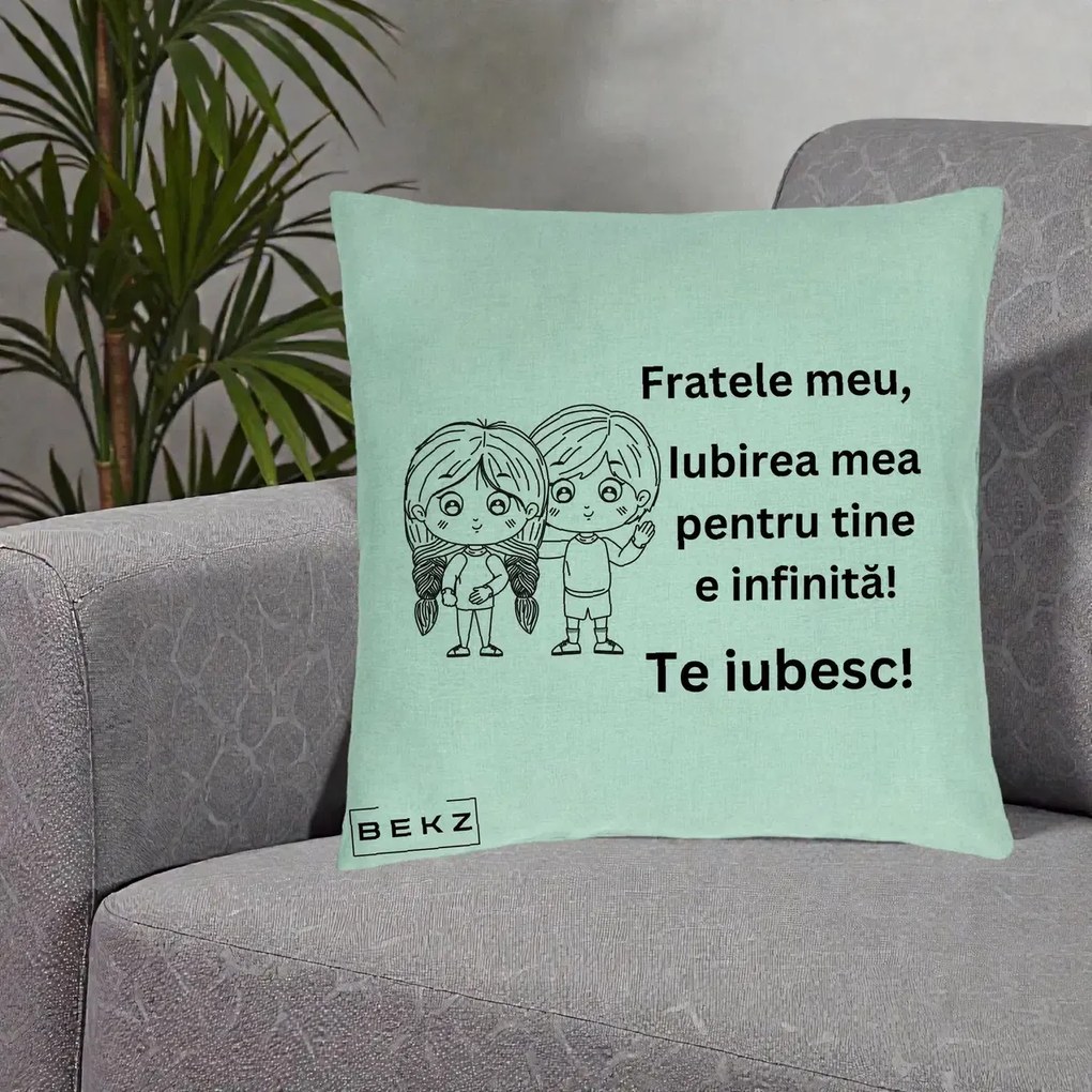 Cadou pentru Frate - Perna Personalizata Fratele Meu Te Iubesc Copii Anime Line Art Negru, 40x40 cm, Verde Menta, Husa Detasabila, Perna Inclusa, BEKZ®